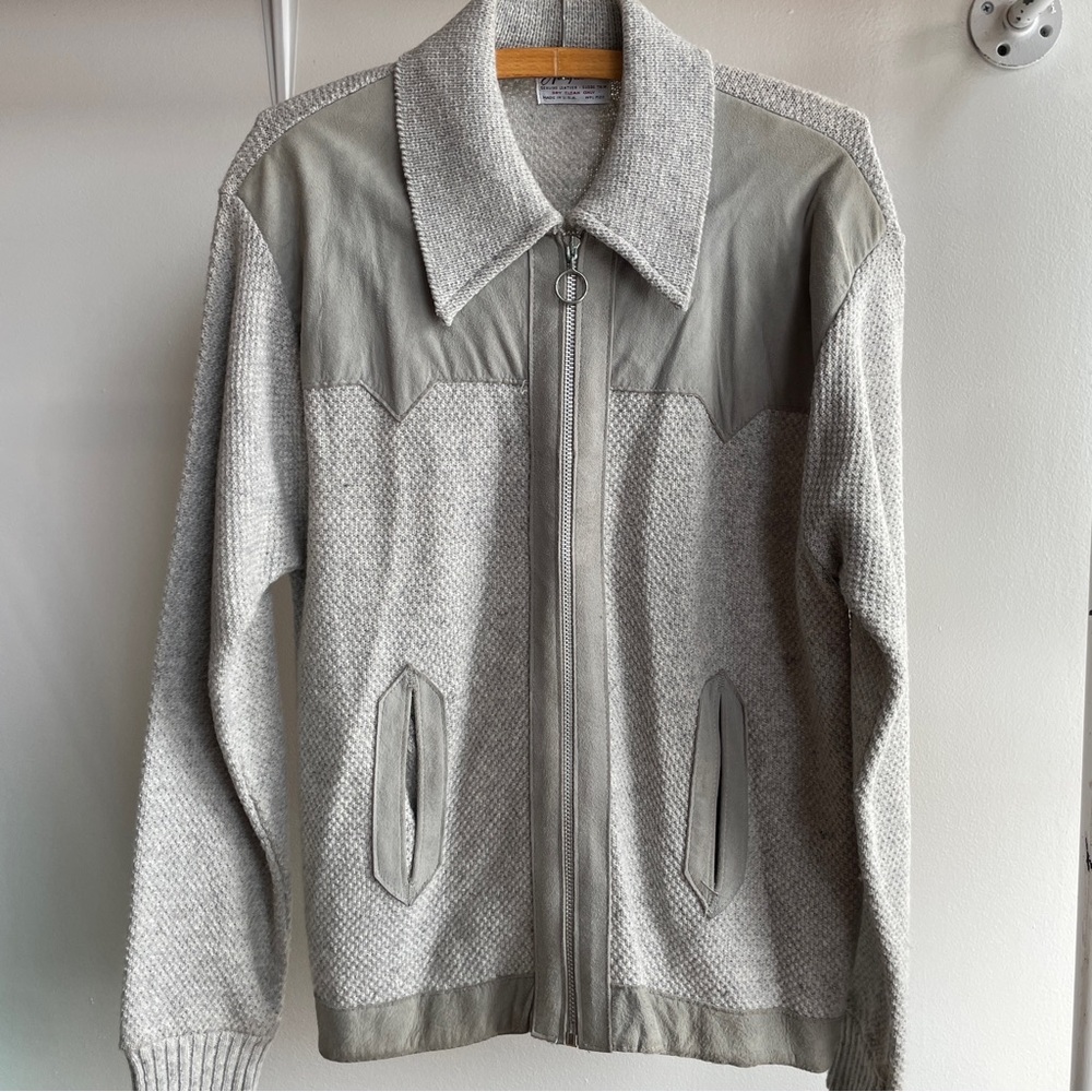 Vintage 1970s Gray Zip Up Sweater Cardigan Suede Trim